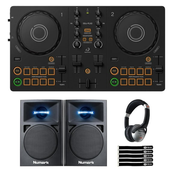 AlphaTheta DDJ-FLX2 Compact 2-Channel DJ Controller with Monitors & Headphones Package