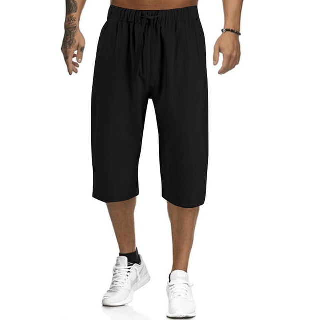 Innerwin Capri Pants Elastic Waist Men Yoga Pant Beach Solid Color Lightweight Capris Black S
