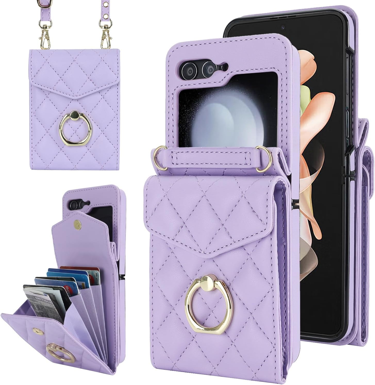 Phone Case for Samsung Galaxy Z Flip 5 5G 2023 Wallet Cover with RFID Blocking Ring Crossbody Wrist Strap Stand Credit Card Holder Leather Cell ZFlip5 Z5 G Flip5 5Z Women Men Girls Rose Gold