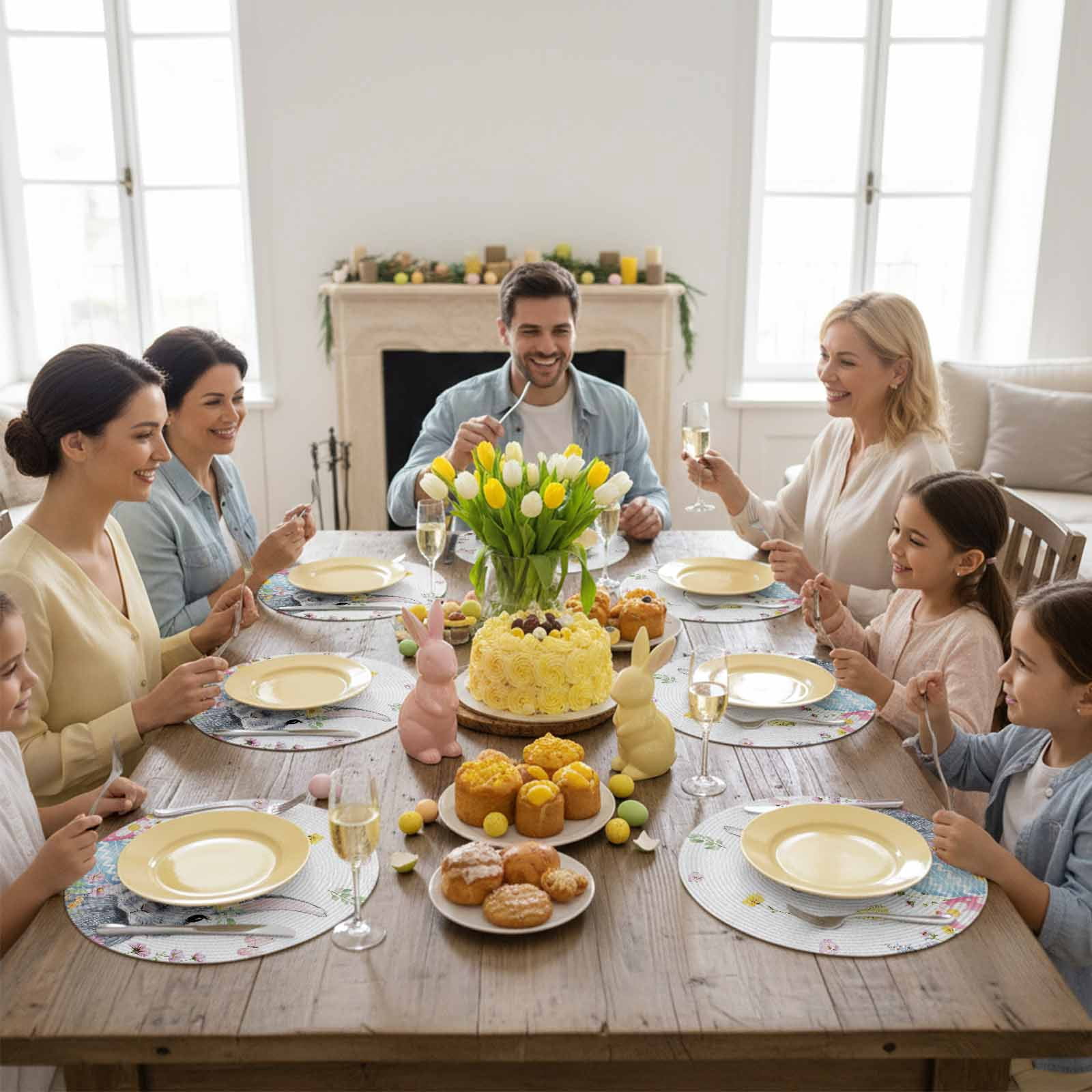 Round Woven Placemats set of 4, Easter Washable & Heat Resistan-t Plastic Wipeable Placemats for Round Table Easter Bunny Color Eggs Spring Floral Kitchen Dining Table Decor, 15in, White