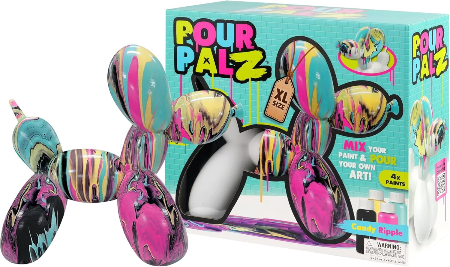 Pour Palz DIY Paint Pouring Kit – 1 XL Balloon Dog, 4 Acrylic Pour Paints, Mixing Cups & Tools, Create Unique Marbled Art, Fun Hands-On Craft Kit for Kids & Adults, Candy Ripple, Ages 5+