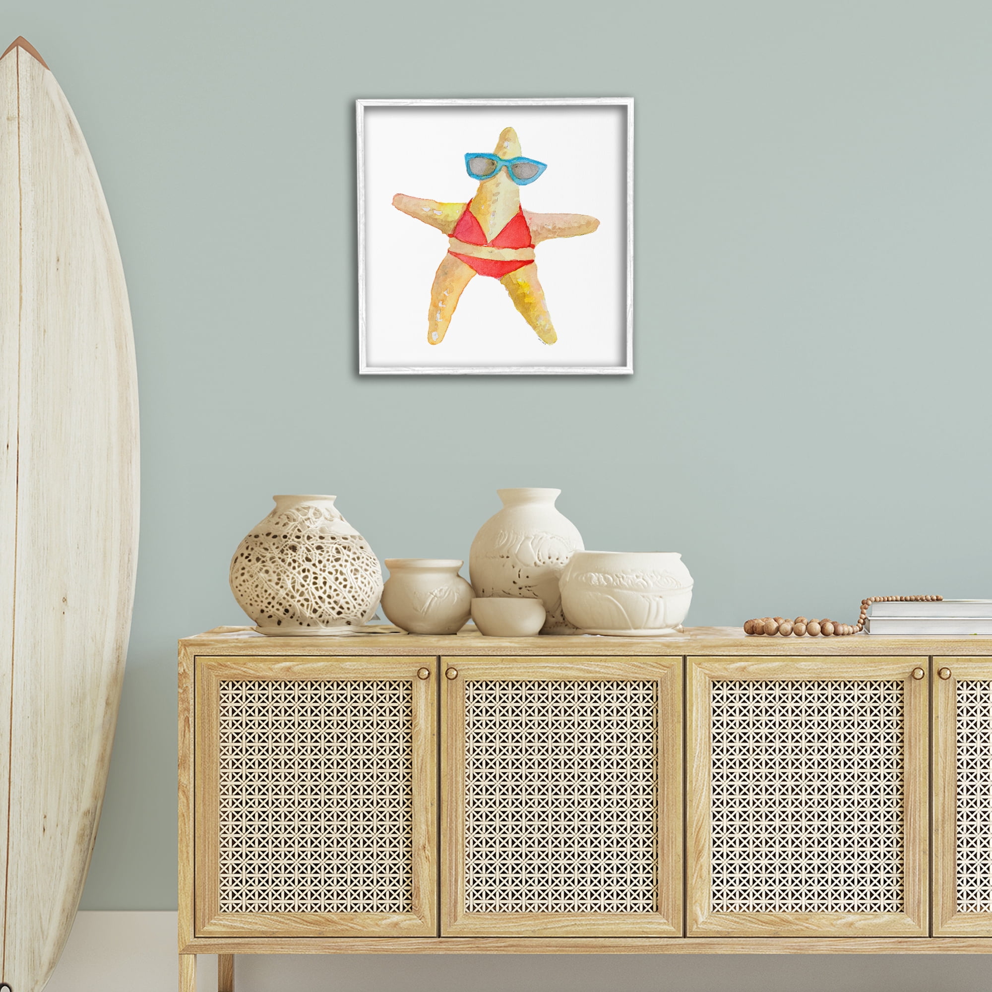 Stupell Industries Fun Swimsuit Starfish Novelty Painting White Framed Art Print Wall Art, 24 x 24