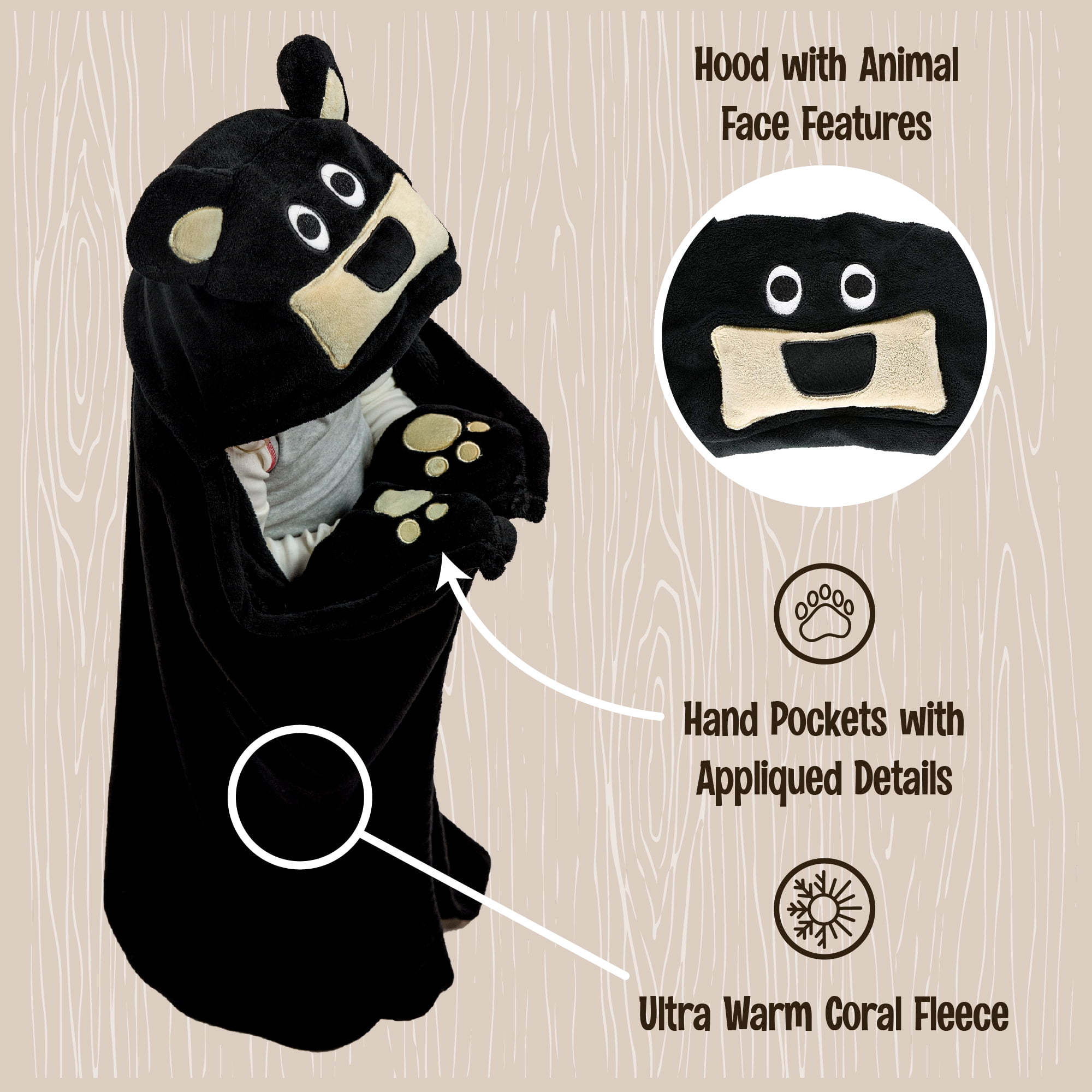LazyOne Wearable Hooded Blanket for Kids, Animal Hooded Blanket (Bear Blanket)