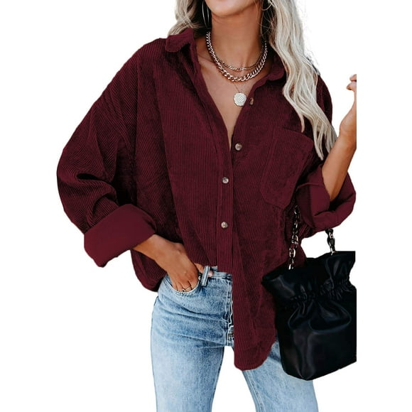 Coloody Womens Corduroy Shirts Casual Long Sleeve Button Down Blouses Loose Tops