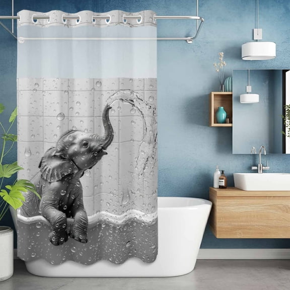 No Hook Shower Curtain with Snap in Liner, Abstract Grey Elephant on Bathtub Waterproof Fabric Bathroom Curtain Mesh Top Window, Modern Minimalist Art Shower Curtains 36x72in