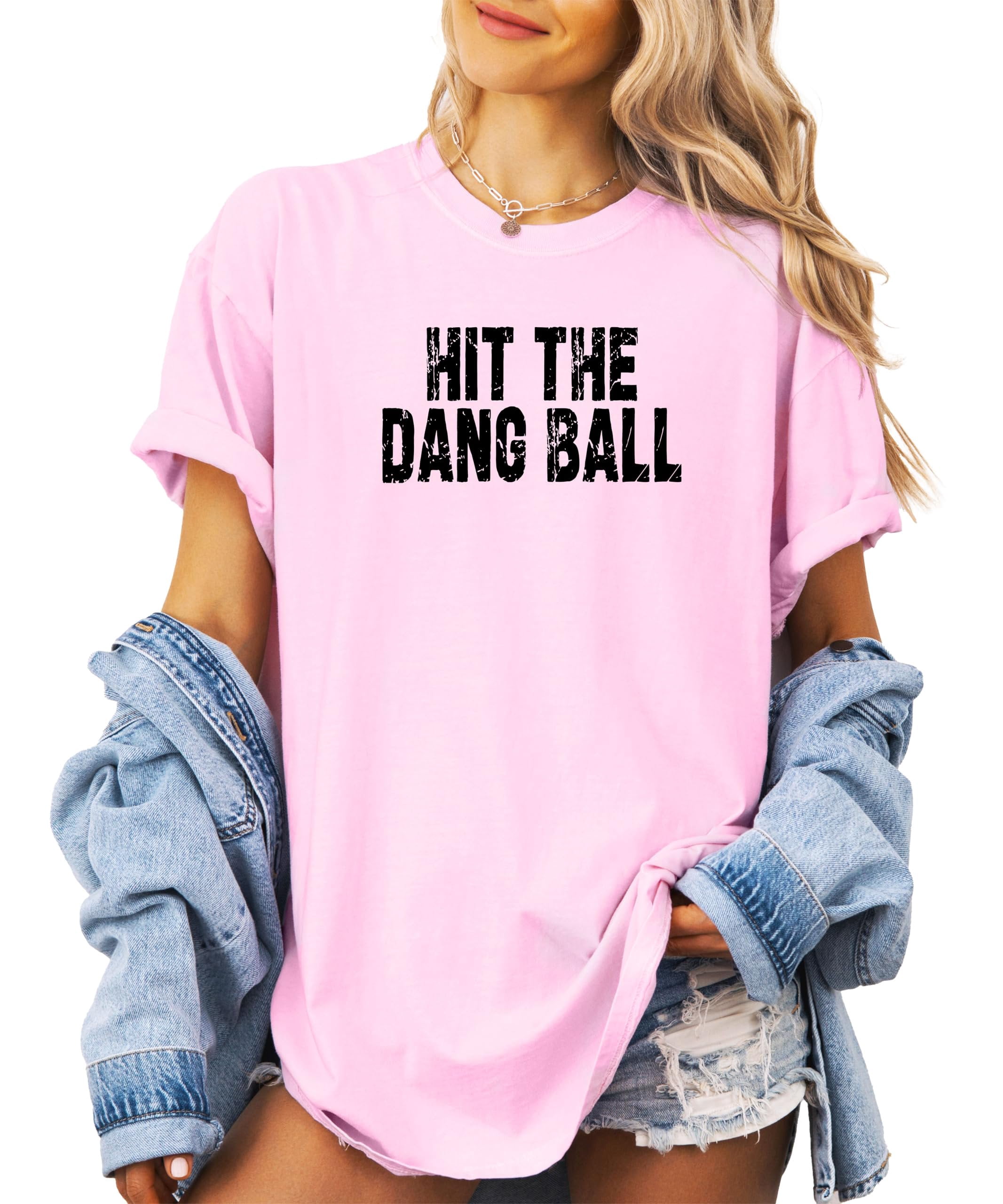 Hit The Dang Ball Shirt for Women Distressed Sporty Baseball Tee for Adults and Teens Pink Shirt Adult 2XL
