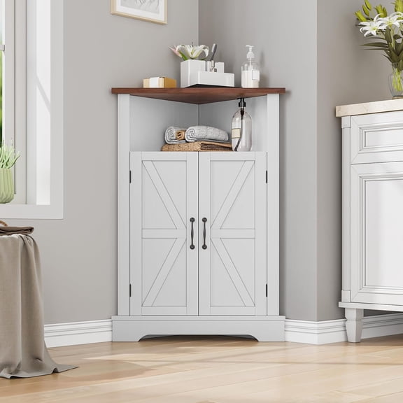 Bathroom Corner Cabinet,Farmhouse Floor Corner Cabinet with Doors and Adjustable Shelves, Freestanding Wooden Storage Hutch Cupboard for Bathroom, Kitchen, Living Room, White