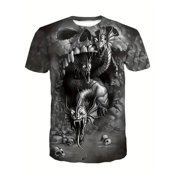 Fantasy Dragon and Skull Print T-Shirt for Men- Summer Soft Polyester Short Sleeve Top, Comfortable Fit Dark Academy Men's Short Occult Gothic Men's Shirt Gothic Romantic Grunge Tee, PLUS SIZE