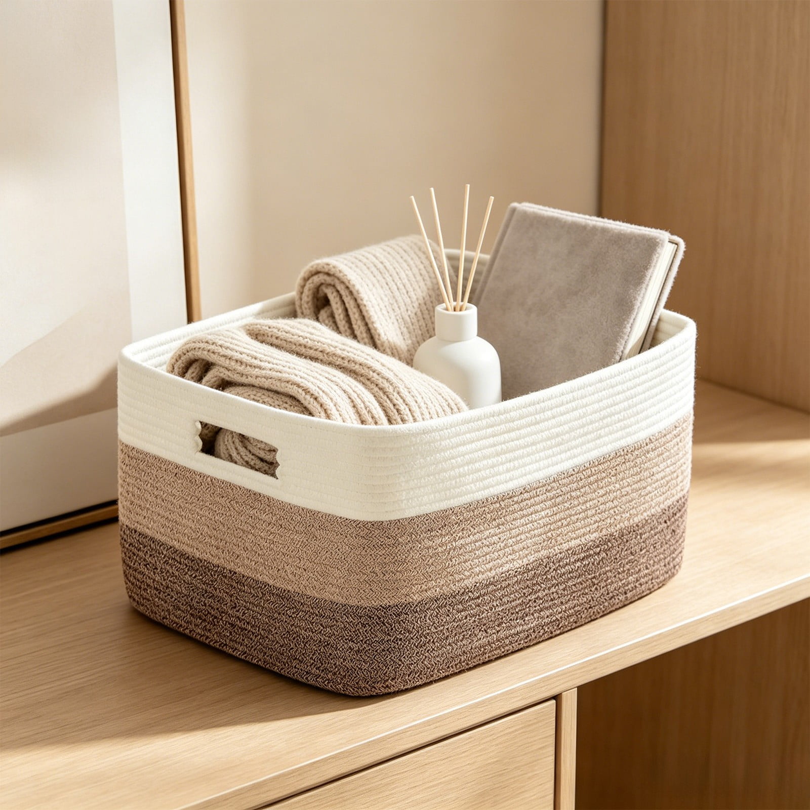 Cotton Linen Woven Storage Basket with Handles Foldable Fabric Organizer Box for Toys Books Closet Shelves and Dirty Clothes 1-Piece