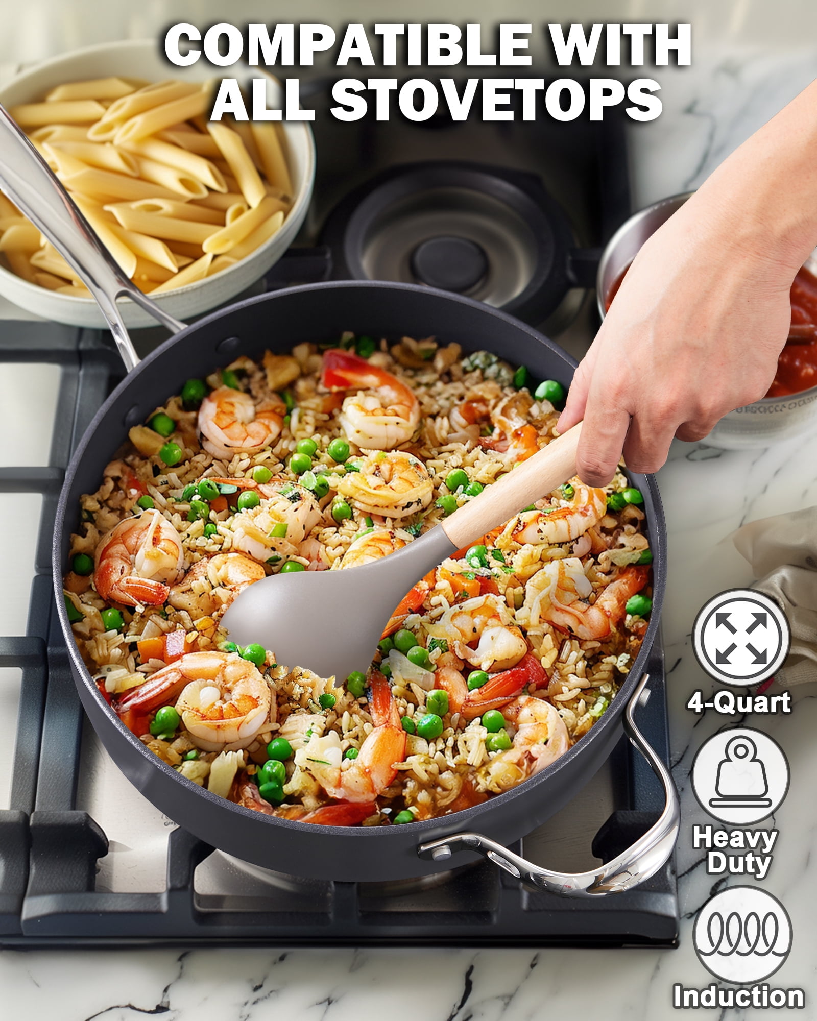 Cooks Standard Classic 4 Quart Hard Anodized Deep Sauté Pan with Lid, 10.5 Inch Ceramic Nonstick Deep Frying Pan, Large Skillet Jumbo Cooker Sartén, Dishwasher & Oven Safe, Induction Cookware