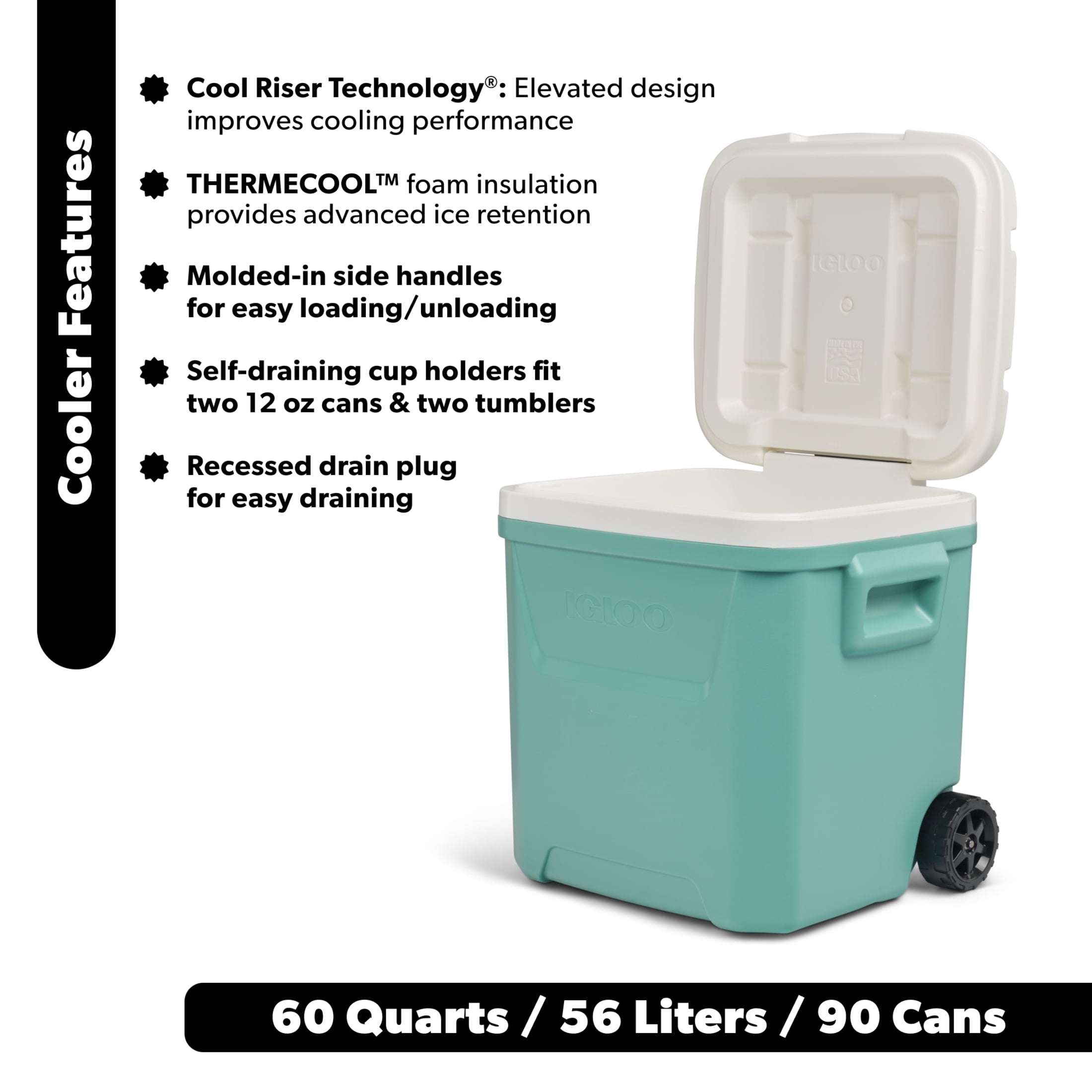 Igloo 60 QT Laguna Ice Chest Cooler with Wheels, Teal Blue