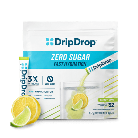 DripDrop Zero Electrolyte Powder Drink Mix for Dehydration Relief Fast, Lemon Lime, 32pk