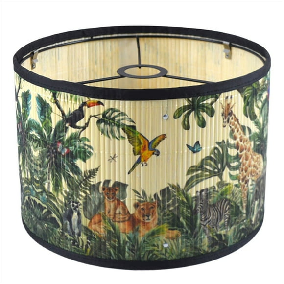 Pantalla de Lámpara con Forma de Tambor, Diseño de Pájaro y Planta Verde Brillante, Ideal para Lámparas de Pie y de Mesa en el Dormitorio A