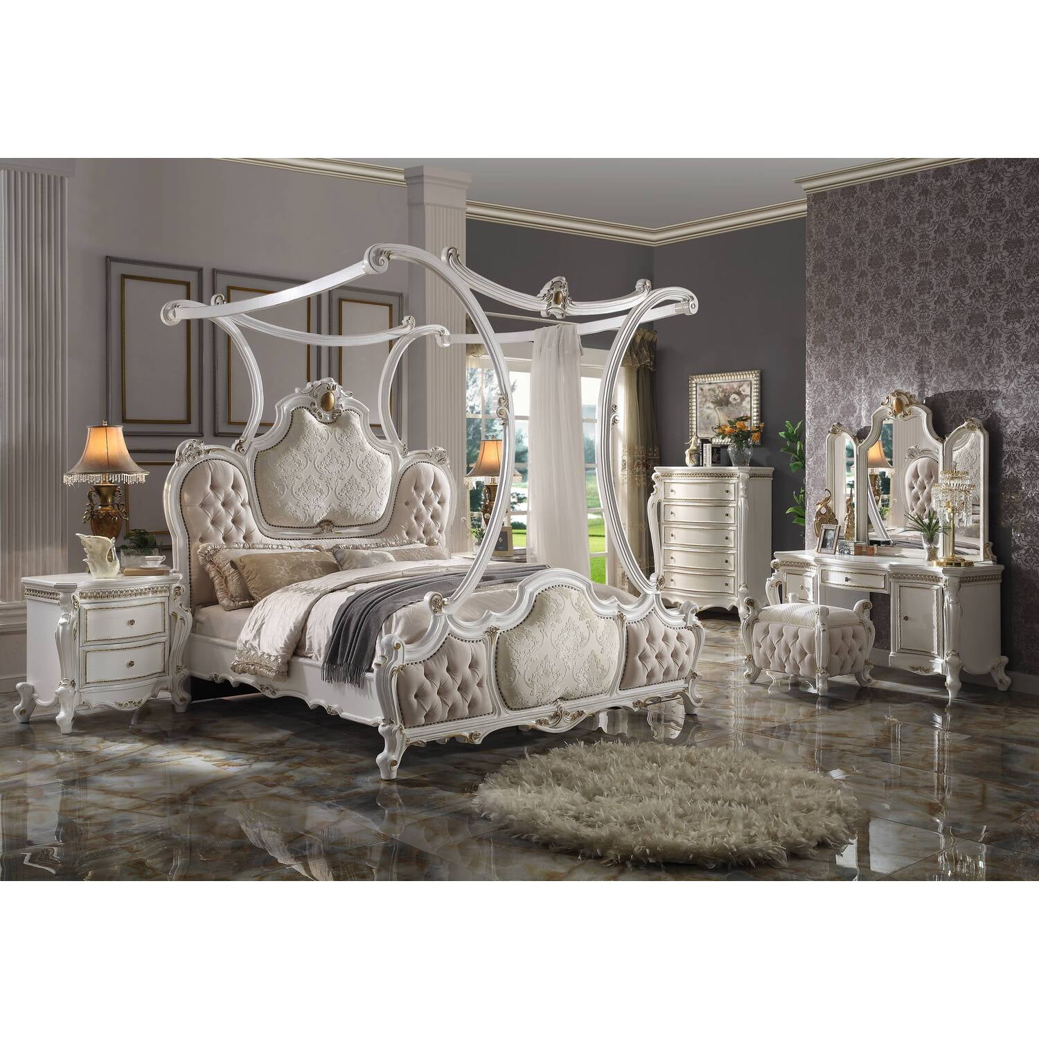 Acme Gorsedd Queen Bed in Cream Fabric and Golden Ivory - Walmart.com