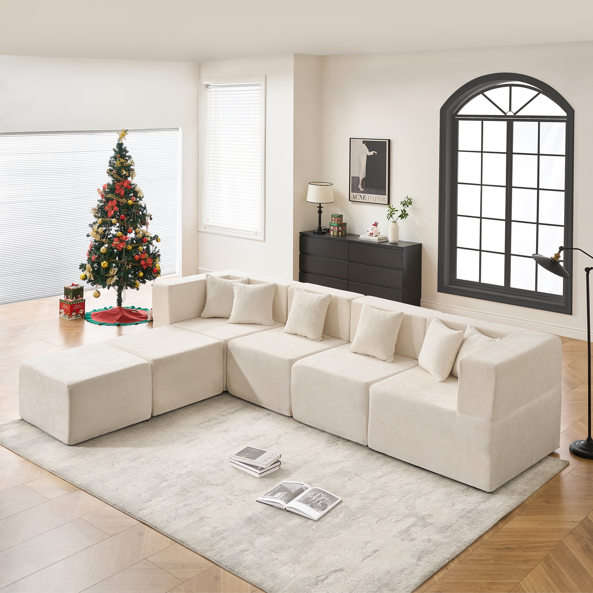 BEHOST 130" 6-Piece Modular Sectional Sofa with 2 Movable Ottomans, U-Shaped Cloud Couch for Living Room, Modern Chenille Deep Seat Sofa Set, Flexible Oversized Sleeper Couches,Beige