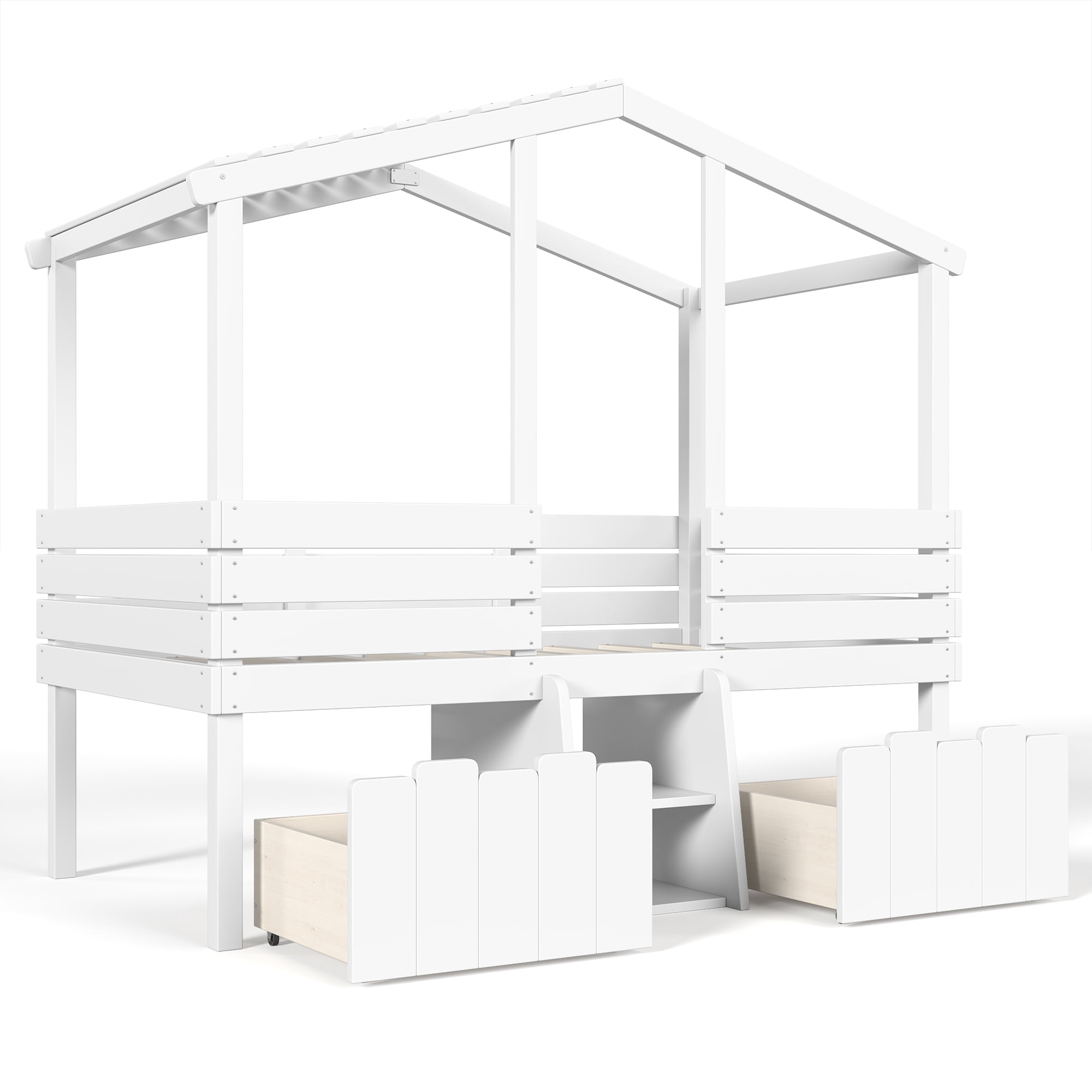 Leumius Twin House Loft Bed with Cute Stairs and 2 Storage Drawers, Farmhouse Low Loft Bed with House Shaped Roof, Childlike and No Box Spring Needed Design White