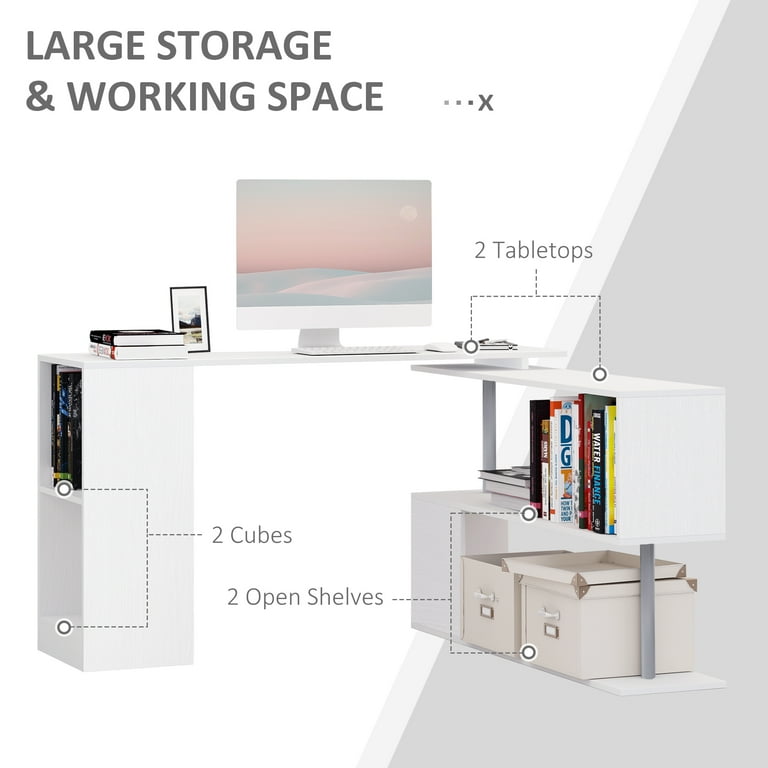 HOMCOM 55 360° Rotating Corner Computer Desk Modern L-Shaped Home Office  Workstation with 3-Tier Storage Shelves, Bookshelf, White