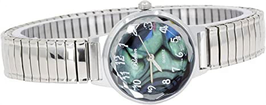 Blekon Collections Women's 25mm Analog Display Case Cut Crystal Mother of Pearl Dial Slim Metal Stretch Expansion Band Ladies Wrist Watch