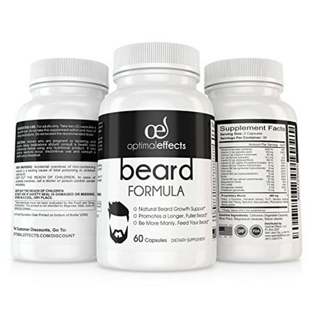 Beard Formula Supplement for Men by Optimal Effects with Vitamins for a Fuller, Longer & Thicker Beard, All Natural Complex with Biotin that Promotes Faster Facial Hair Growth - 60 Veggie (Best Vitamins For Facial Hair Growth)