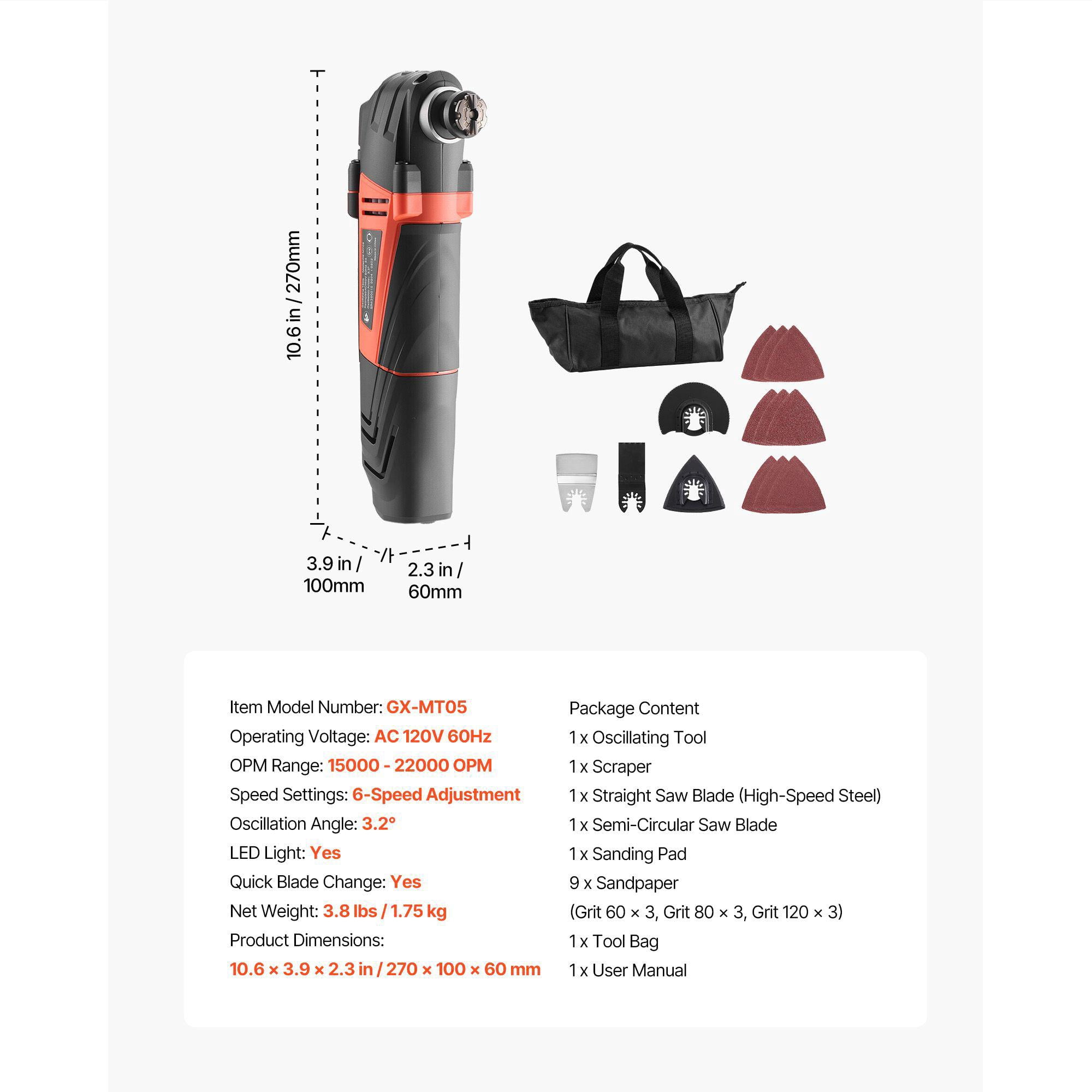 Multi Tool Reciprocating Saw 6 Speed 15000 22000 RPM 3.2 Degree Oscillation Angle 13 Saw Blades LED Light Tool Bag