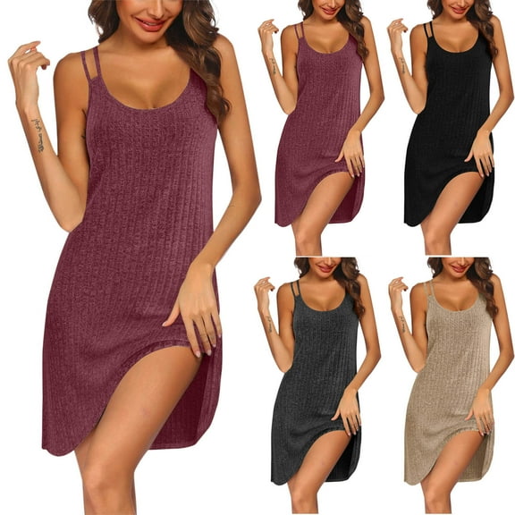 Miluxas Women Sleeveless Sleepwear Sleep Dress Ribbed Knit Night Shirt Chemise Nighties Nightgowns Red XL(XL)