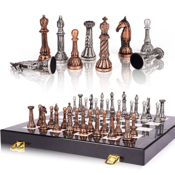Retro Metal Chess Set for Adults and Kids – Marbling Chess Board with Chess Pieces – Travel Chess Set with Metal Pieces – Folding Chessboard �