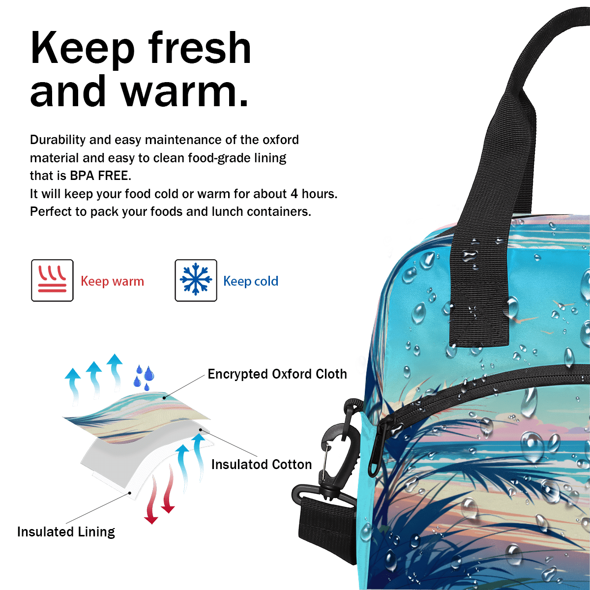 Herdesigns Tropical Beach Insulated Lunch Bag for Women Men Adults Large Reusable Lunch Box Summer Seaside Leakproof Cooler Tote Bags with Adjustable Shoulder Strap