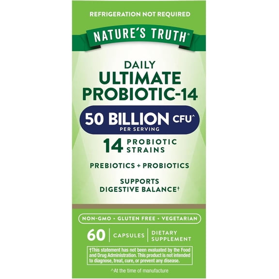 Probiotic | 50 billion CFU | 14 Probiotic Strains | 60 Capsules | 200mg Prebiotics | by Nature's Truth