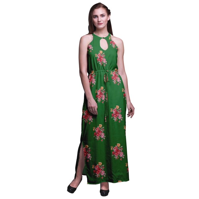 Bimba Robe Maxi à Imprimé Floral pour Femmes, Col Rond, Taille Élastique, avec Fentes Latérales, Tenue d'Été-moyenne