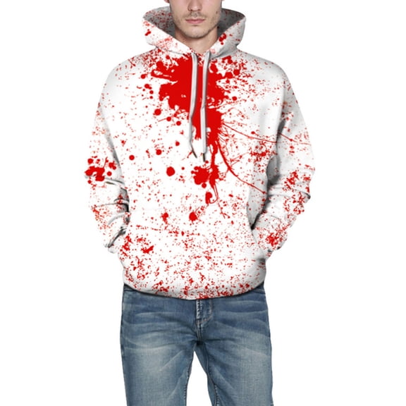 comerut Bleeding Print Long Sleeve Top Pullover Hoodie Hooded Front Pocket Couple Sweatshirt Halloween Clothing