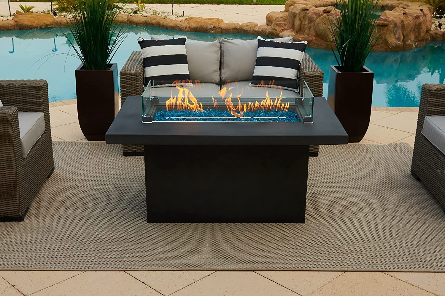 50" Rectangular Concrete Smokeless Fire Pit for Patio, Table W/ Glass Guard and Crystals in Gray (50" Rectangular Gray, Clear Crystals)