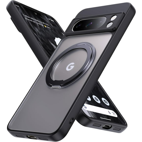 Magnetic for Google Pixel 8 Pro Case with Ring Stand [Military Drop Protection] Shockproof Slim Clear Phone Cases Invisible Stand Clear (Black) 18-pixel 8p-01