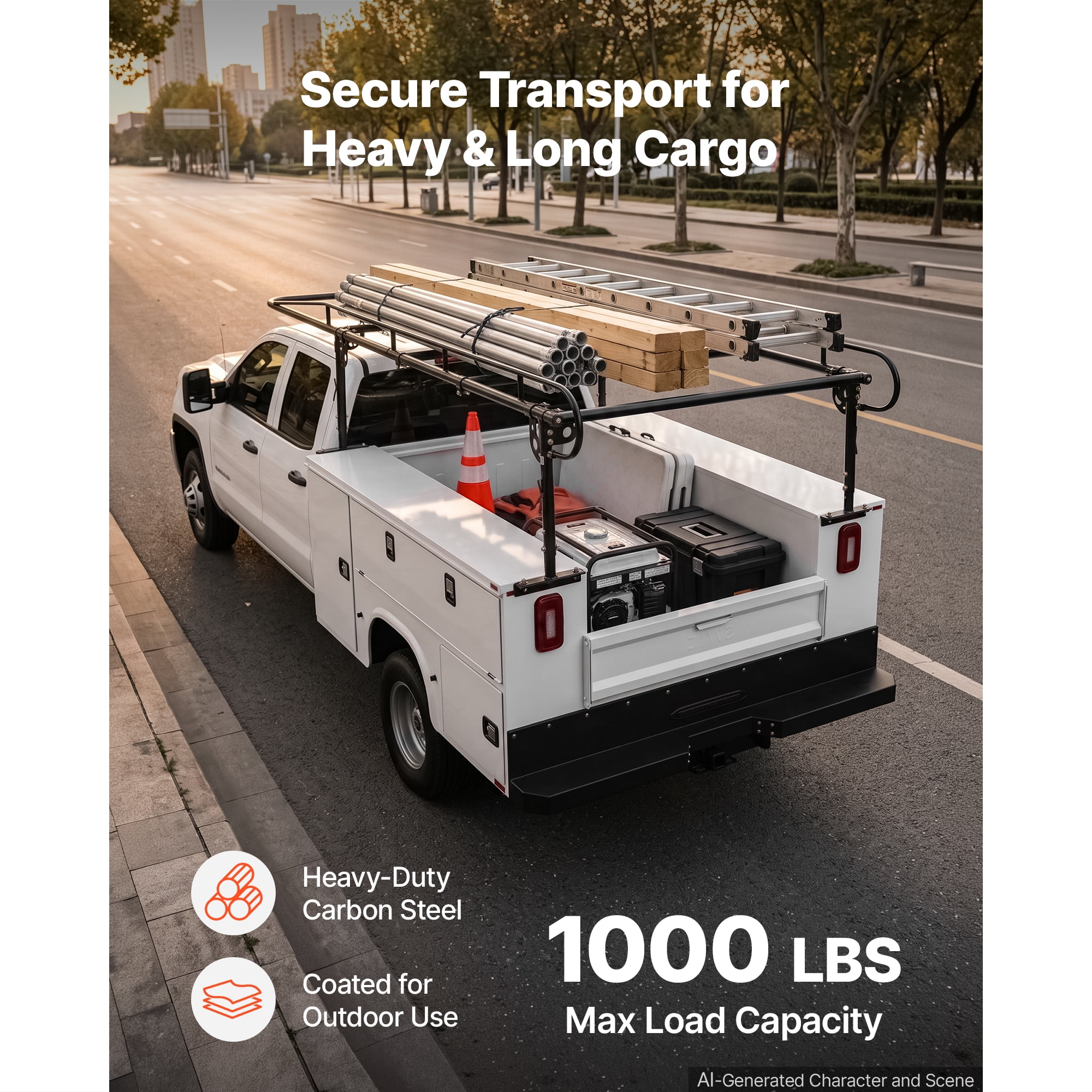 KFFKFF Adjustable Service Body Truck Ladder Rack with 1000 lbs Capacity, Over-Cab Design, 21"-31" Height Range, Compatible with Single/Dual Rear Wheel Utility Trucks, Durable Steel Construction