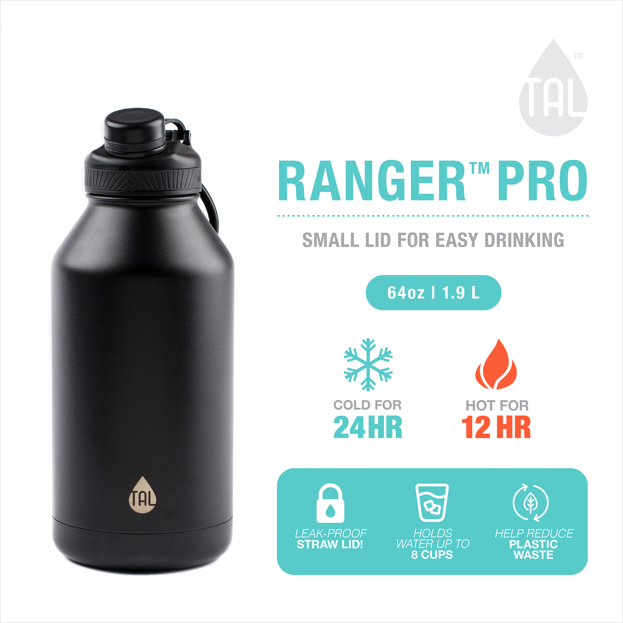 TAL Stainless Steel Ranger Water Bottle 64oz, Black - image 3 of 6