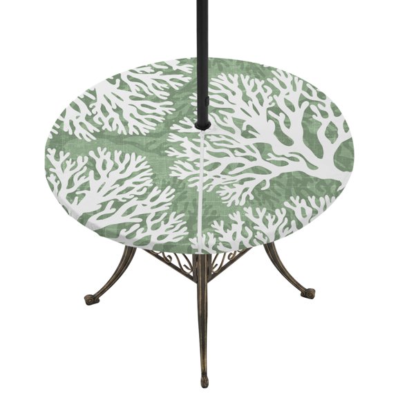 Round Outdoor Tablecloth with Umbrella Hole and Zipper, Sage Green Coral Coastal Tablecloth with Elastic Waterproof, White Summer Beach Seaside Ocean Patio Table Covers for 55" - 60" Pool Tables