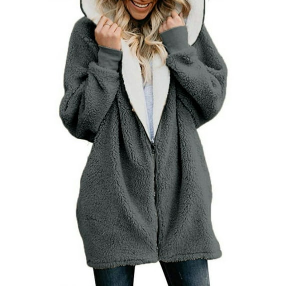 Capreze Plus Size Women Zipper Fleece Jackets Casual Hooded Coat Longline Long Sleeve Winter Warm Fluffy Jackets Outwear