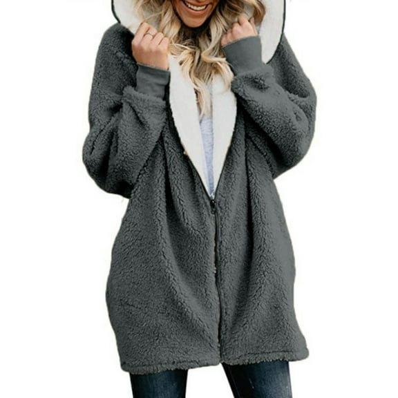Grianlook Women Fluffy Hooded Jacket Winter Plus Size Full Zipper Jacket Open Front Fleece Hood Coats