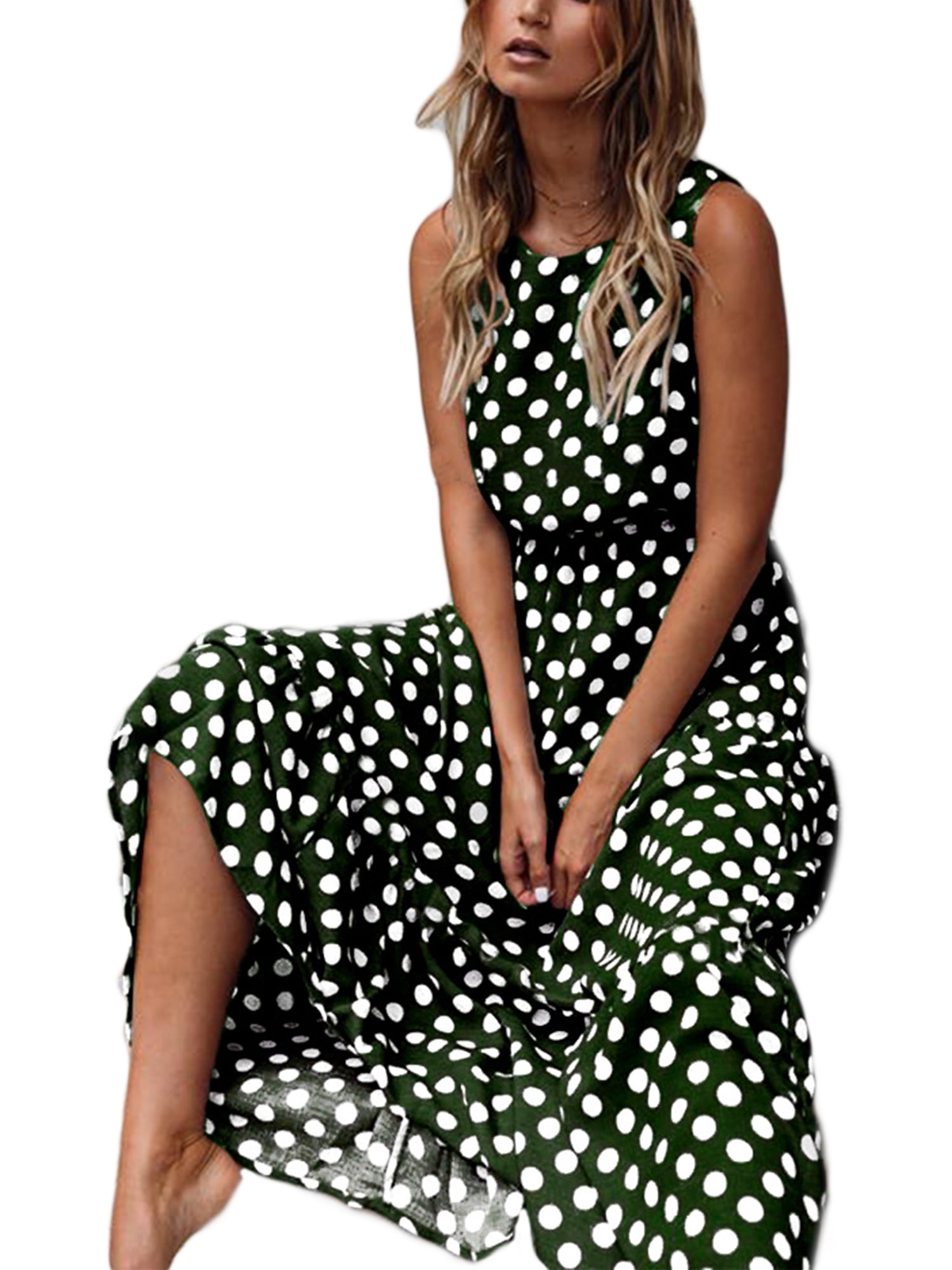 Womens Polka Dot Print Spaghetti Strap Sleeveless Dress Summer Casual Flowy Swing Tunic Dress 