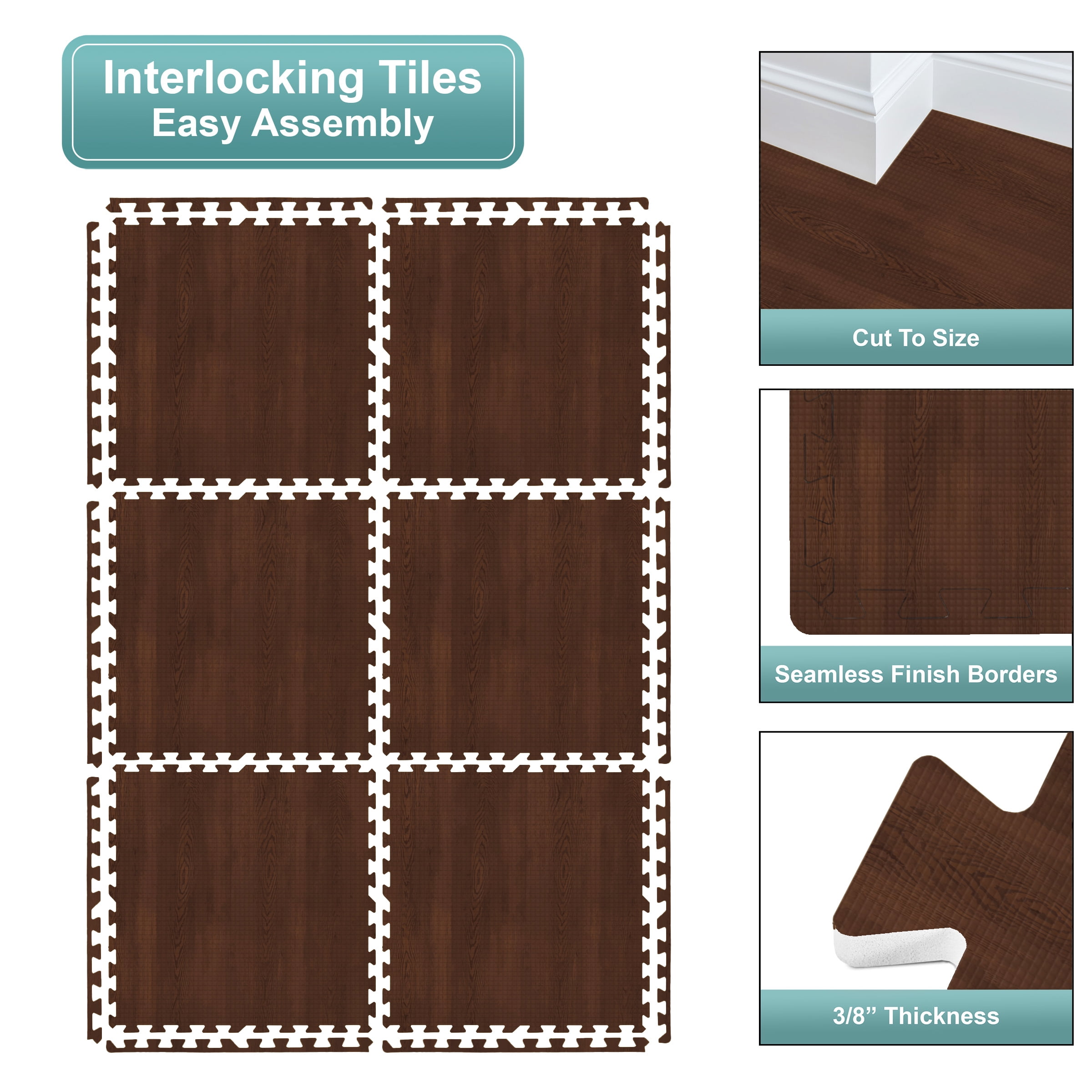 Sorbus Waterproof Wood Grain Foam Floor Tiles, 30 Tiles, 120 Sq Ft, Interlocking, Mahogany