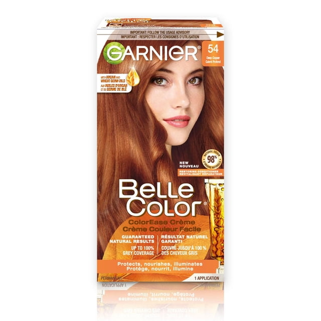Garnier Belle Color Permanent Hair Dye, 54 Deep Copper, 100% Grey Coverage, Enriched with Argan Oil and Wheat Germ Oils - 1 Application