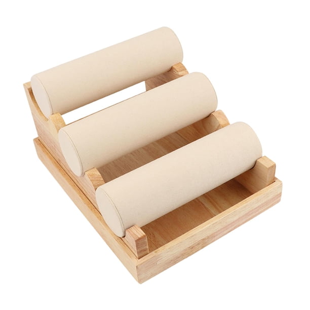 Soporte para pulseras con tres compartimentos de almacenamiento. Almacenamiento de pulseras de madera de terciopelo. beige