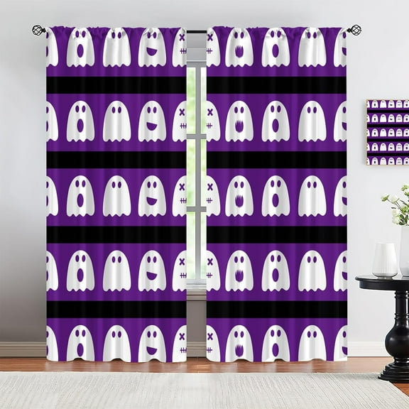 Halloween Happy Purple Rod Pocket Curtain, Cute Funny Ghost Extra Long Traditional Blackout Curtains, Room Darkening Divider Curtains for Living Room Bedroom Kitchen Kids Room Balcony-W52xL84in