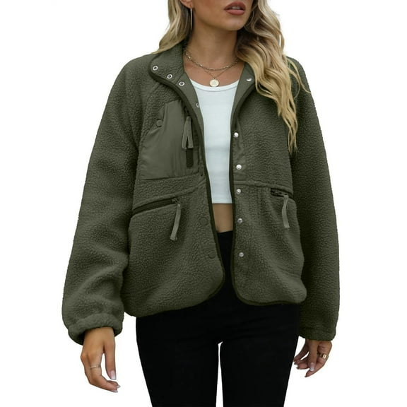 Womens Fleece Jacket Fuzzy Long Sleeve Short Winter Coats Button Down Jacket Outerwear with Pockets Army Green XXL