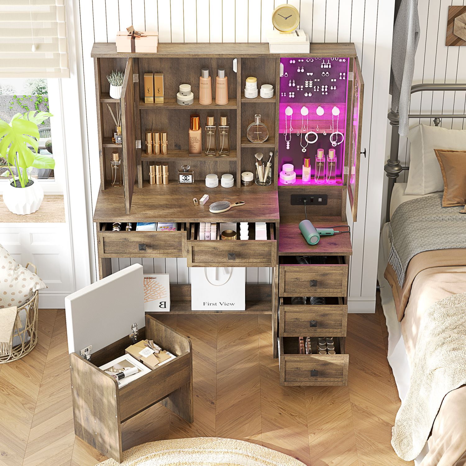Farmhouse Vanity Desk with Mirror and Lights, Makeup Vanity Set with Lights & Jewelry Cabinet & 5 Drawers, Vanity Table with Charging Station, Hidden Storage Space for Bedroom, Brown