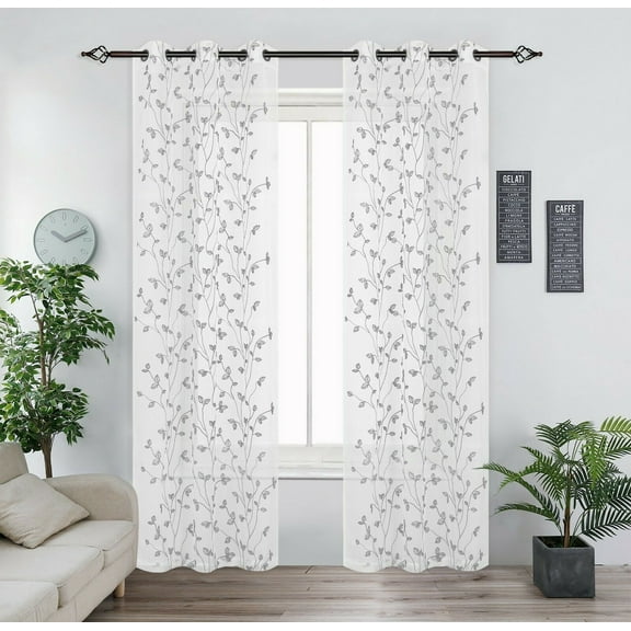 Kate Aurora Floral Embroidered Grommet Top Semi Sheer Voile Window Curtain Panel Pair - Gray