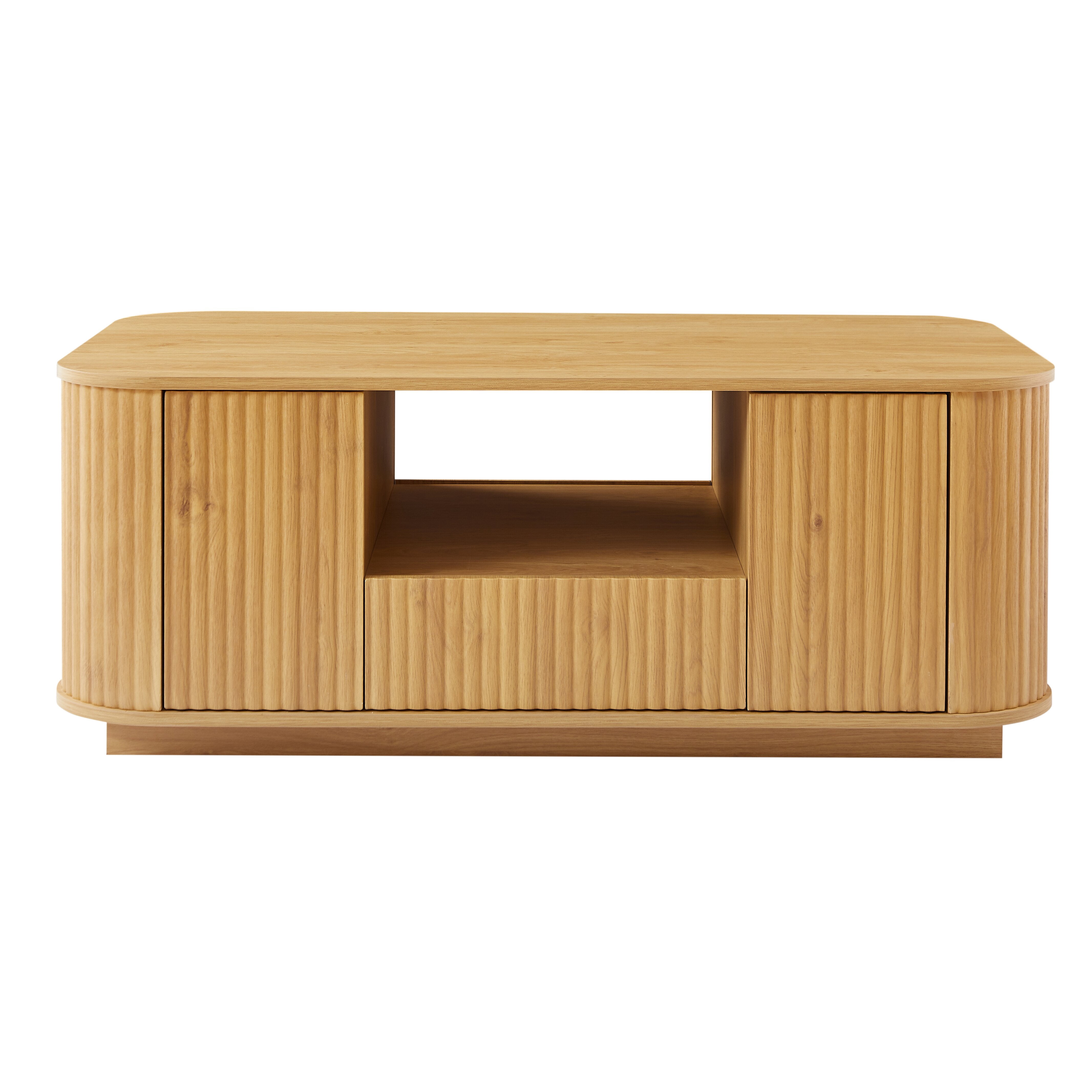 Oval Coffee Table 46.5 Inch with Drawers and Storage Compartments, Modern Center Table and Storage Table with Curved Design for Living Room, Natural