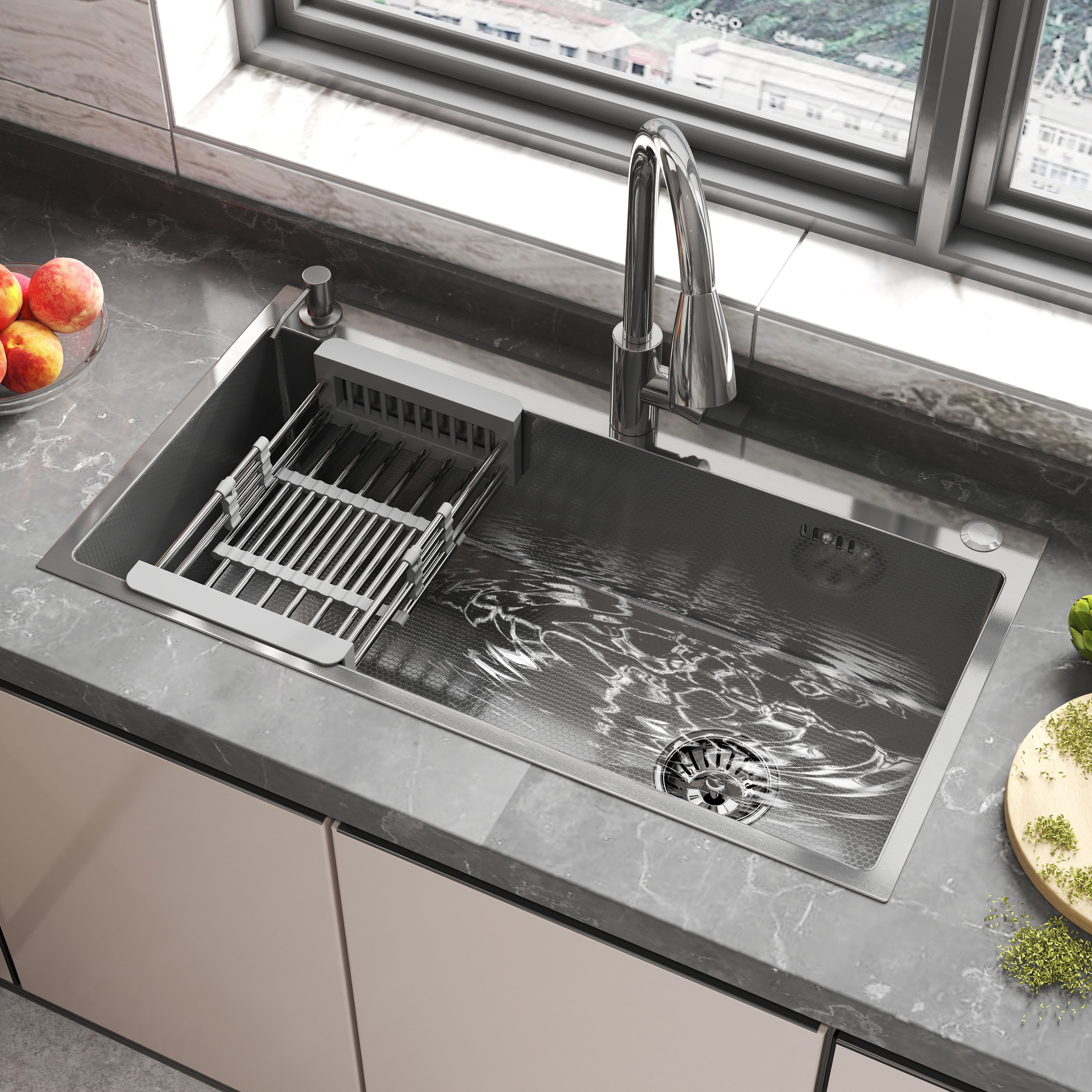 Abunitt 30x18x8 inch 304 Stainless Steel Kitchen Sink,X-Shaped Drain, Topmount Drop-in Workstation with Pull-out Faucet & Accessories,Brushed Silver