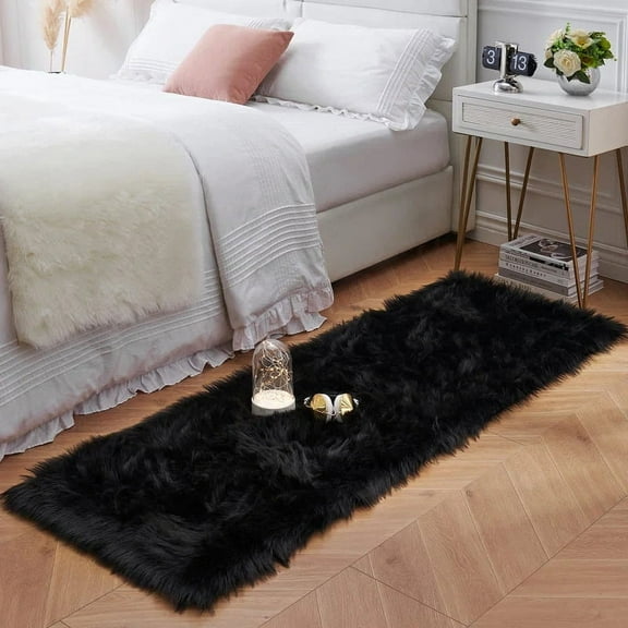 iLieber Sheepskin Soft Fluffy Fur 2x8 Black Area Rug, Fuzzy Rug Washable Faux Fur Rug for Living Room Nursery Playroom Rectangle