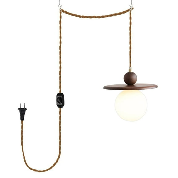 KAYYELAMP Walnut & White Glass Ball Shade G9 Bulb 15Ft Dimmable Plug Cable Hanging Lamp Nordic Style Pendant Light for Home Kitchen Farmhouse(No Bulb)
