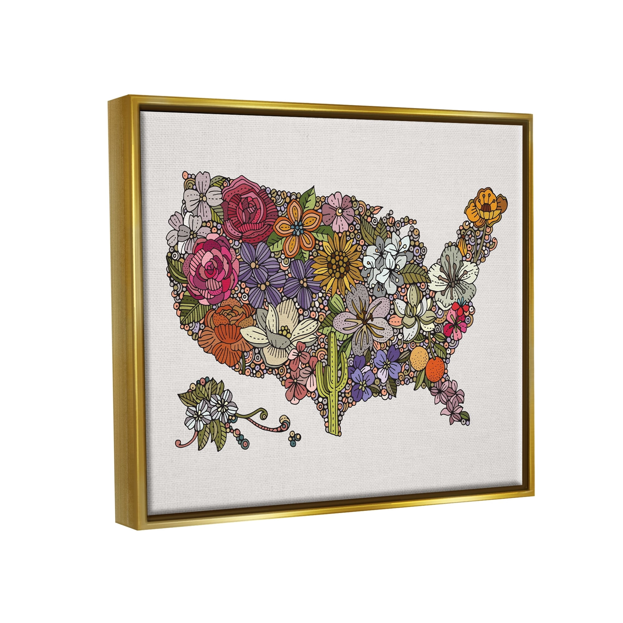 Stupell Industries United States Country Map Detailed Botanical State Flowers Graphic Art Metallic Gold Floating Framed Canvas Print Wall Art, Design by Valentina Harper